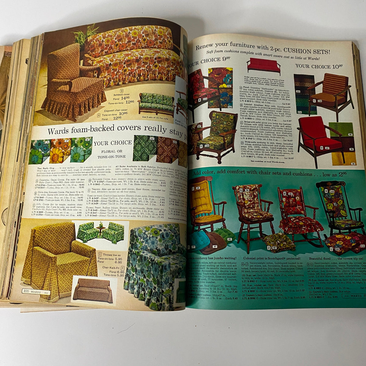 1967 Montgomery Ward Fall and Winter Catalog featuring foam-backed covers and cushion sets for furniture, with vibrant floral and tone-on-tone designs and pricing information.