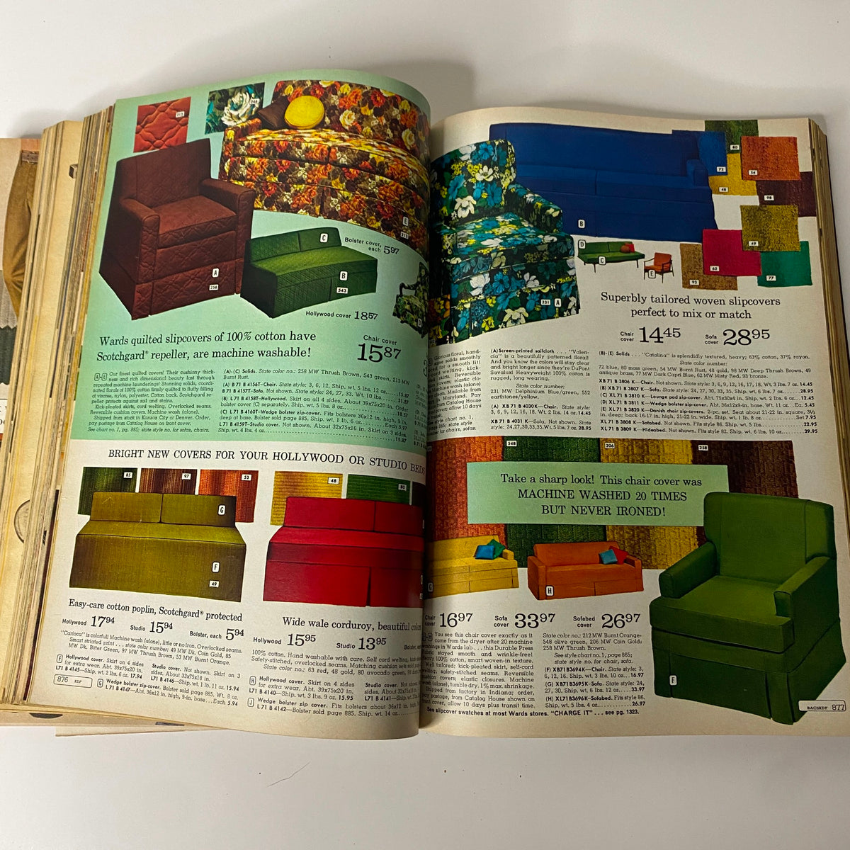 1967 Montgomery Ward Fall and Winter Catalog displaying a variety of slipcovers for furniture, highlighting easy-care materials and pricing details.