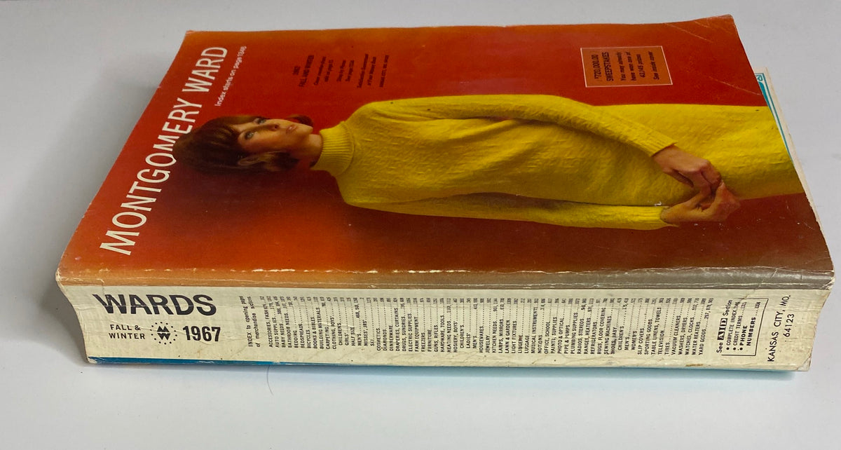 Front cover of the 1967 Montgomery Ward Fall and Winter Catalog featuring a model in a yellow turtleneck sweater, offering a glimpse into 1960s fashion.