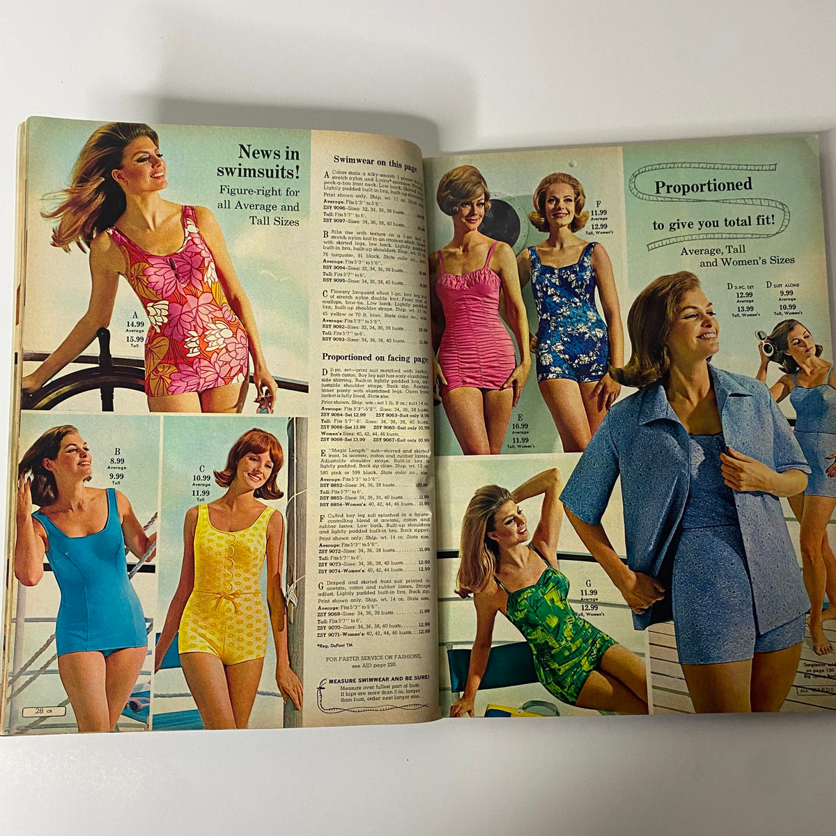 1967 Montgomery Ward Summer Sale Catalog featuring a vibrant display of women's swimsuits, showcasing styles for average and tall sizes. Bright colors and patterns reflect 1960s summer fashion trends.