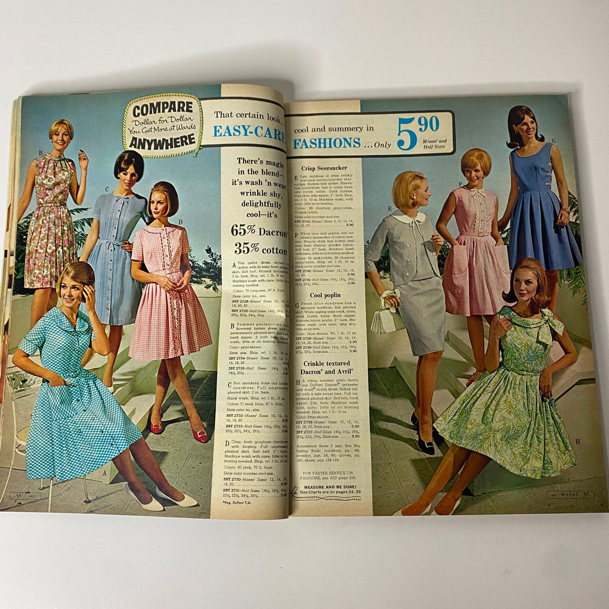 1967 Montgomery Ward Summer Sale Catalog page showing a variety of stylish women's dresses, emphasizing feminine cuts and fashionable prints from the 1960s summer collection.