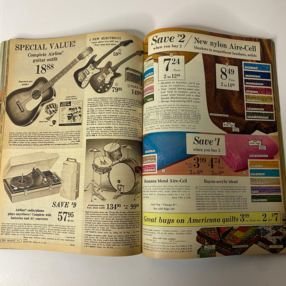 1967 Montgomery Ward Summer Sale Catalog page displaying a variety of musical instruments and items for home use, showcasing promotions on guitars, radio/phonograph players, and blankets.