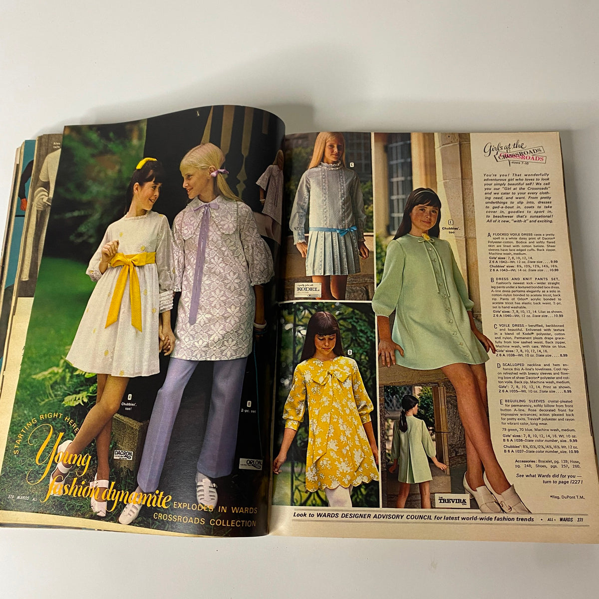 1970 Montgomery Ward Spring and Summer Catalog featuring young girls in vibrant dresses, highlighting children's fashion trends of the era.