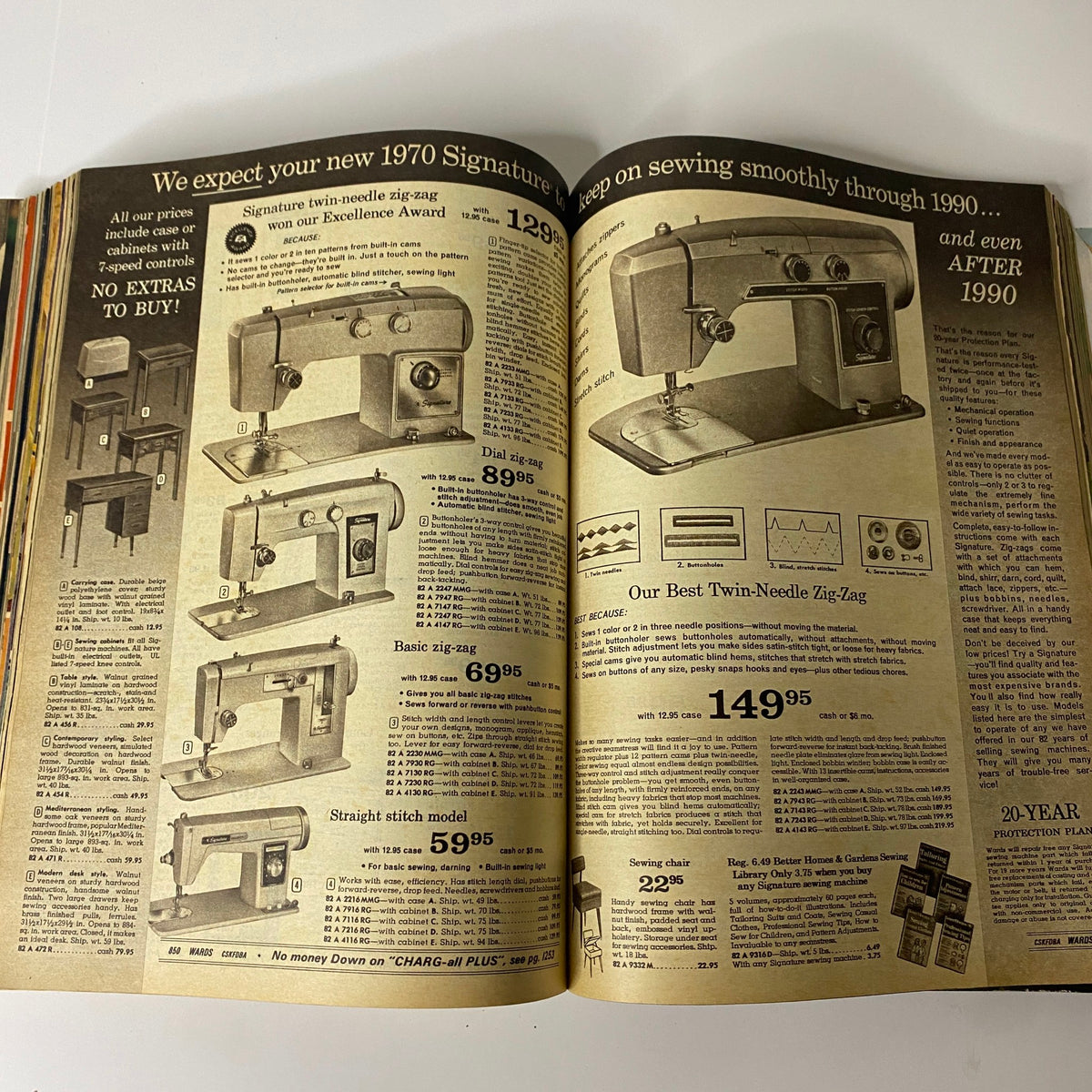 Page featuring various sewing machines and accessories from the 1970 Montgomery Ward Spring and Summer Catalog, highlighting the practical tools for home sewing.