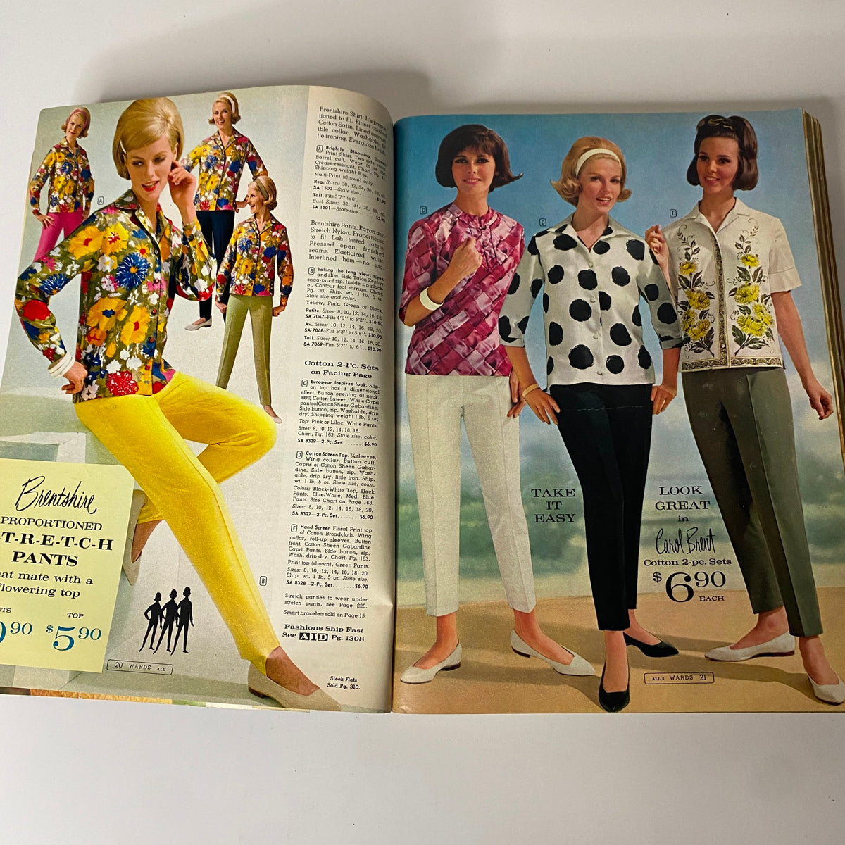 Vibrant page from the 1964 Montgomery Ward Spring and Summer Catalog featuring colorful floral blouses and stretch pants for women.