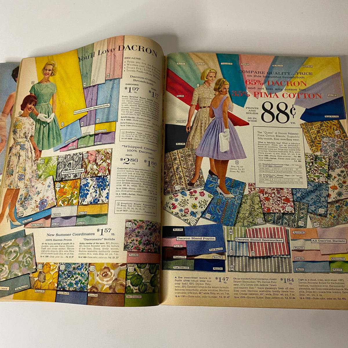 Colorful fabrics and dress styles presented in the 1964 Montgomery Ward Spring and Summer Catalog, emphasizing Dacron materials for summer fashion.