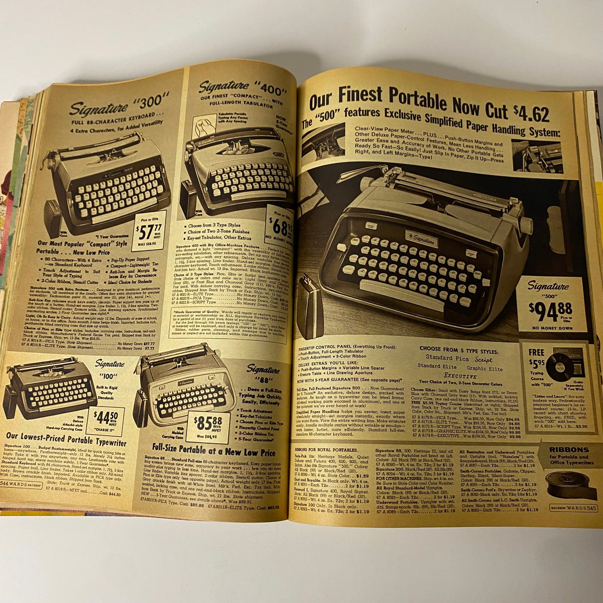 1964 Montgomery Ward Spring and Summer Catalog featuring portable typewriters with prices and specifications for models Signature 300, 400, and 500.