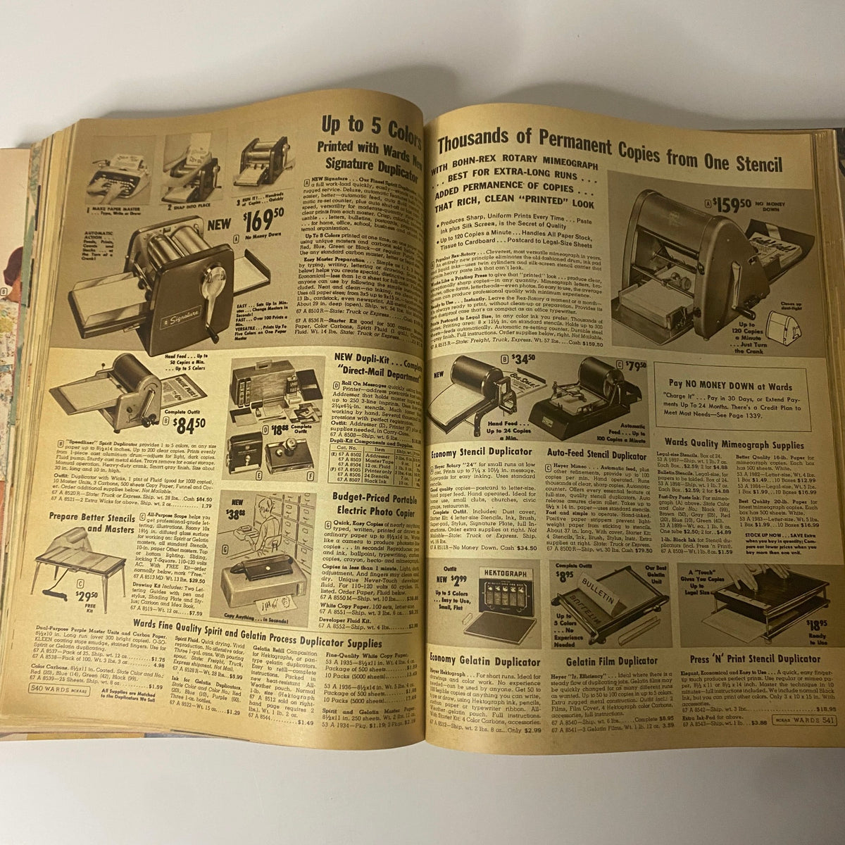 1964 Montgomery Ward Spring and Summer Catalog showcasing various duplicating machines and supplies including the Bonin-Rex rotary mimeograph.