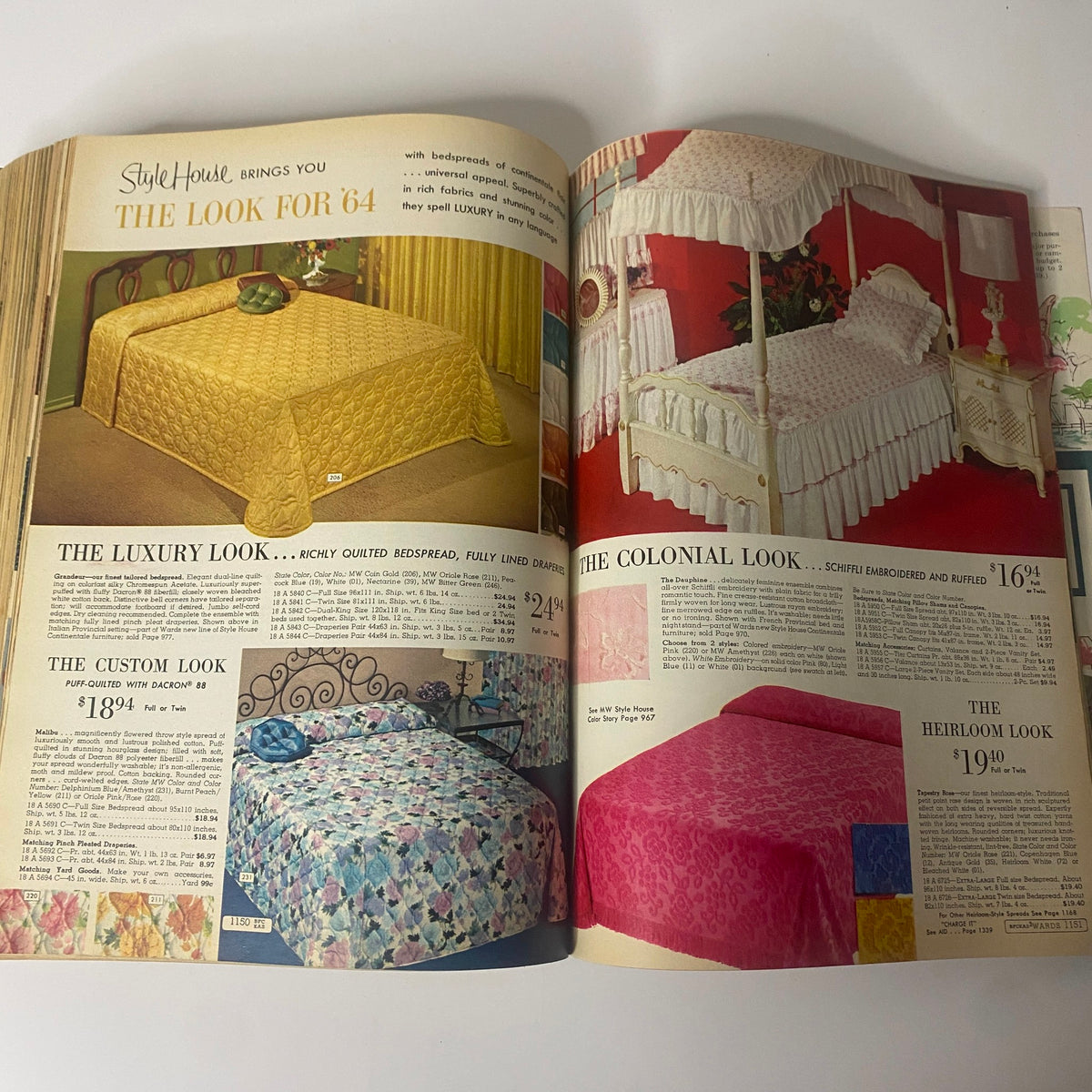 1964 Montgomery Ward Spring and Summer Catalog featuring luxurious bedspreads with different designs and price points.
