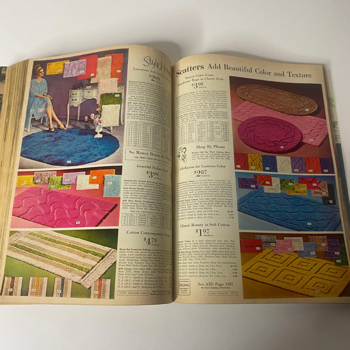 1964 Montgomery Ward Spring and Summer Catalog illustrating colorful scatter rugs with prices and descriptions.