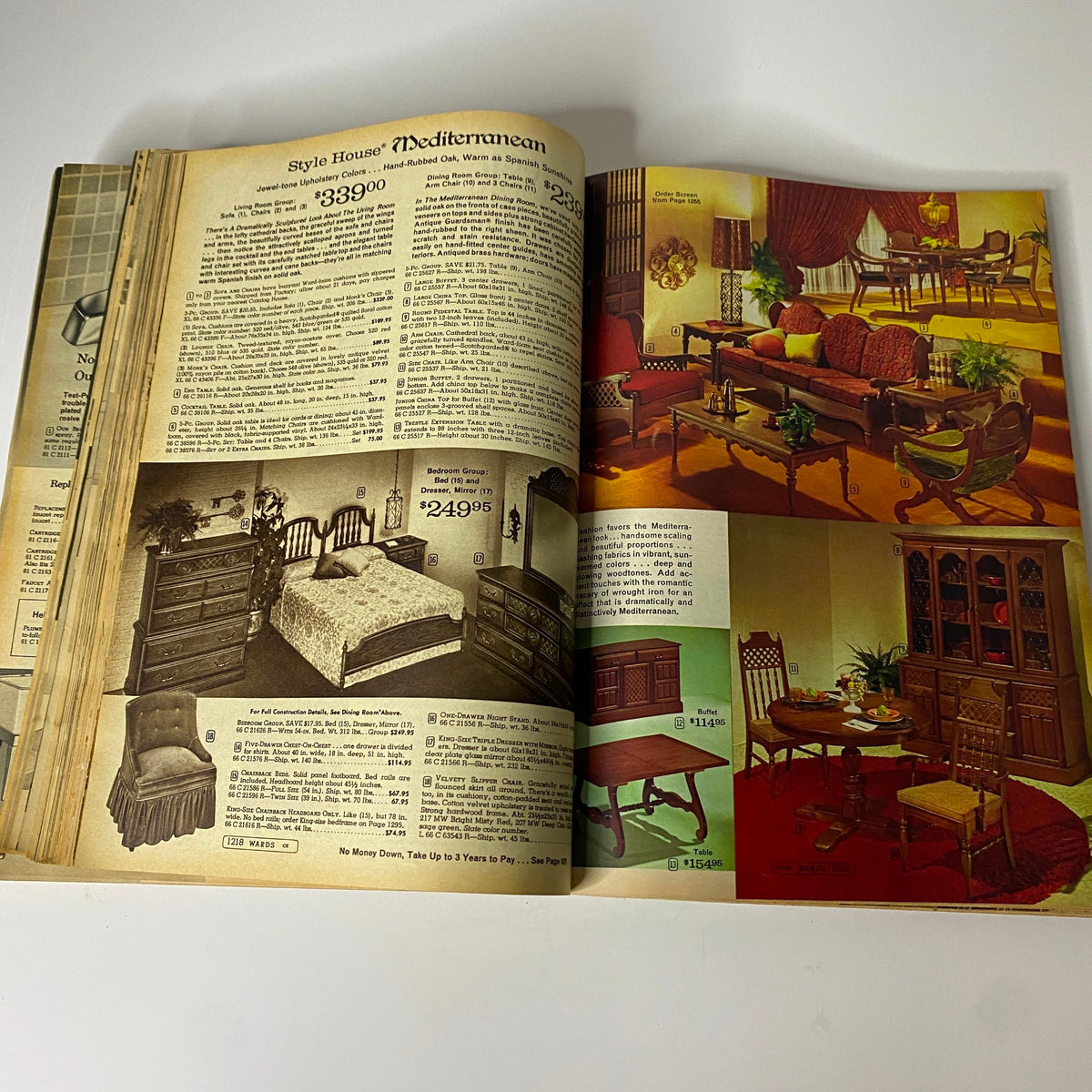 1966 Montgomery Ward Fall and Winter Catalog featuring Mediterranean style furniture including beds, tables, and chairs on a colorful vintage magazine spread.