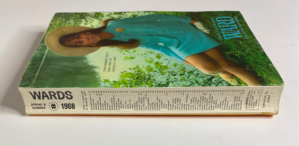 Side view of the 1968 Montgomery Ward Spring and Summer Catalog, highlighting the spine and index pages, indicative of the classic design and collection of styles.