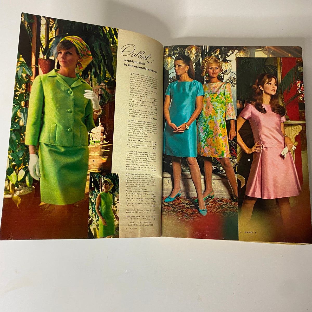 Interior pages from the 1968 Montgomery Ward Spring and Summer Catalog showcasing a variety of tailored dresses on models, reflecting the trend of sophisticated 1960s fashion.