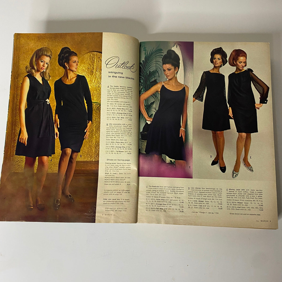 Interior pages from the 1968 Montgomery Ward Spring and Summer Catalog illustrating stylish black dresses on models, emphasizing the contemporary elegance of the new black fashion trends.