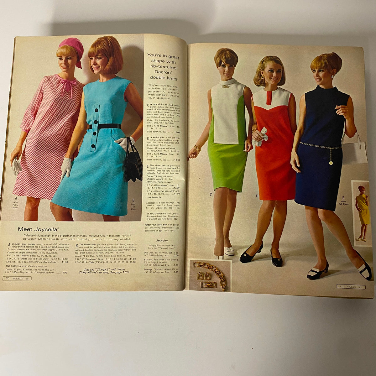 Interior pages from the 1968 Montgomery Ward Spring and Summer Catalog featuring colorful dresses on models, representing vibrant 1960s style and fashion innovation.