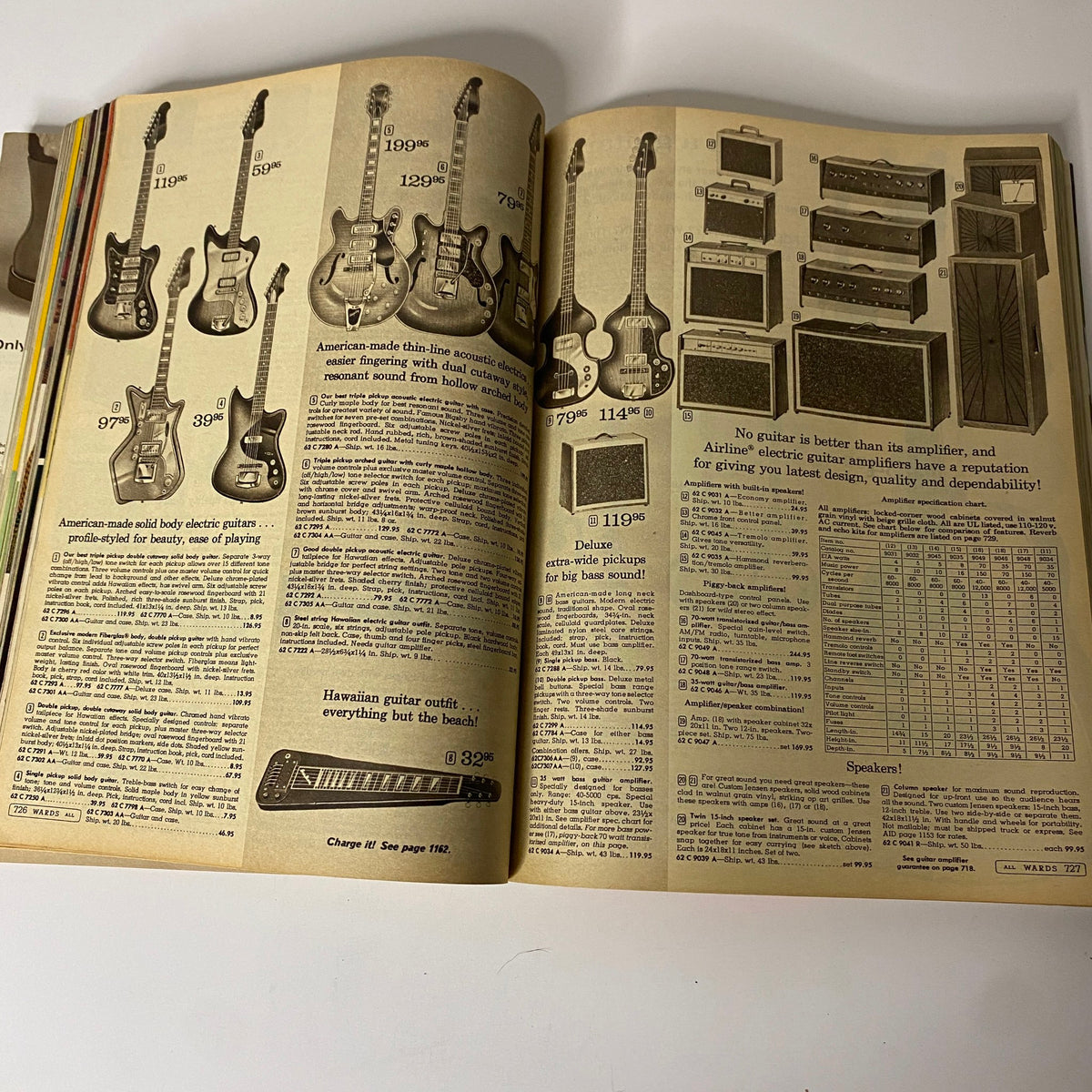 1968 Montgomery Ward Spring and Summer Catalog displaying a range of electric guitars and amplifiers, emphasizing musical instruments available during the 1960s.