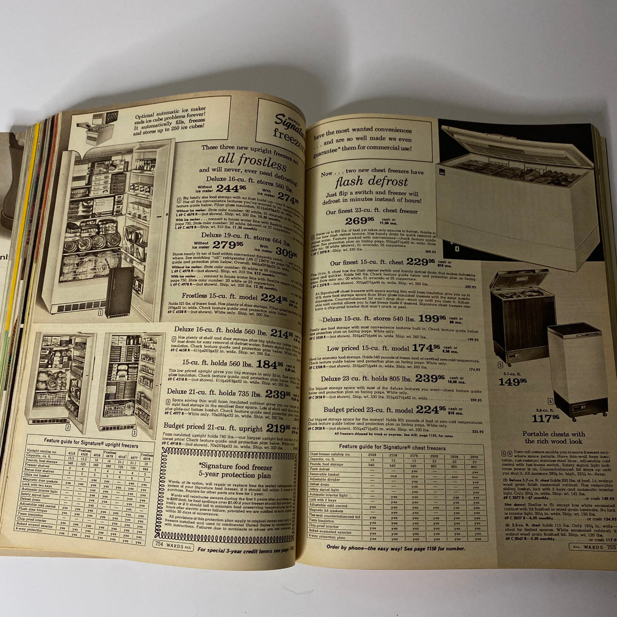 1968 Montgomery Ward Spring and Summer Catalog showcasing a selection of upright and chest freezers with detailed descriptions and pricing, reflecting home appliance options of the era.