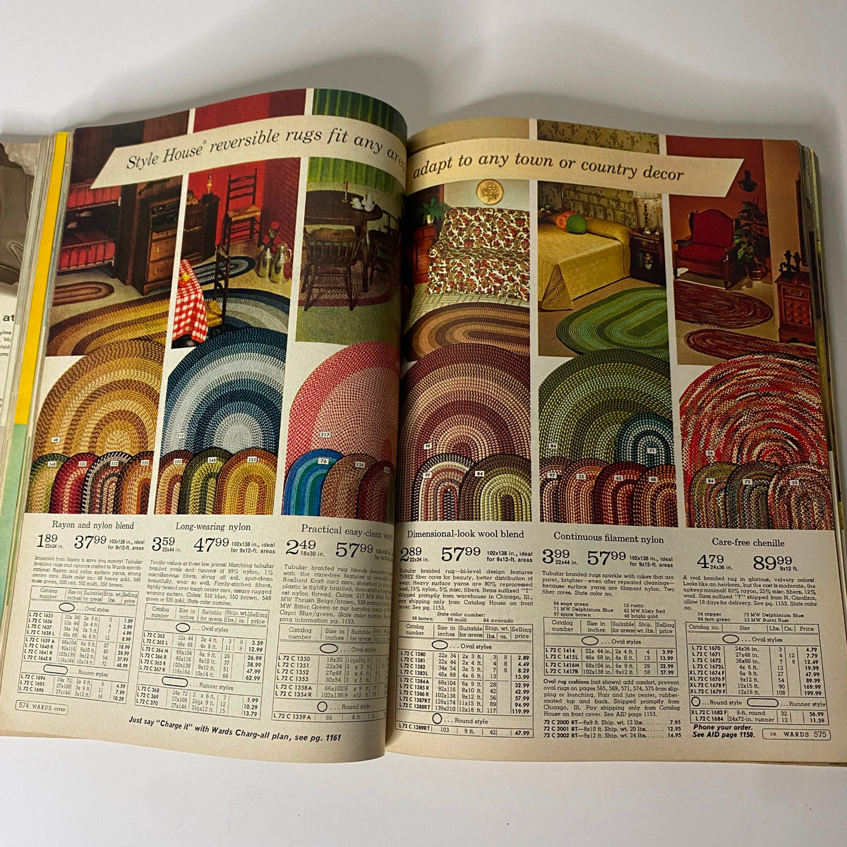 1968 Montgomery Ward Spring and Summer Catalog showcasing a variety of reversible rugs made from rayon, nylon, and wool blends, suitable for any decor with pricing details.