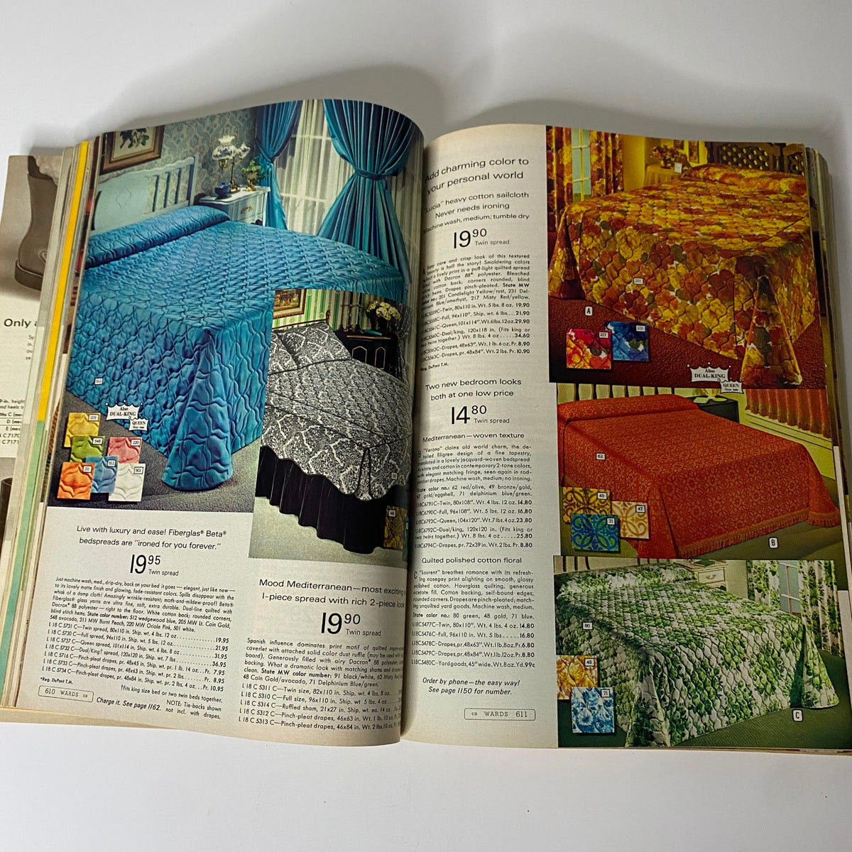 1968 Montgomery Ward Spring and Summer Catalog highlighting colorful bedspreads in various patterns, showcasing luxurious fabrics and stylish designs at competitive prices.