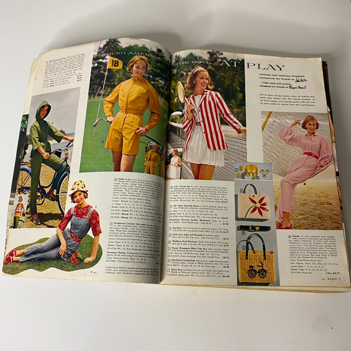 Interior pages of the 1961 Montgomery Ward Spring and Summer Catalog showcasing various young women's active wear, emphasizing 1960s fashion trends.