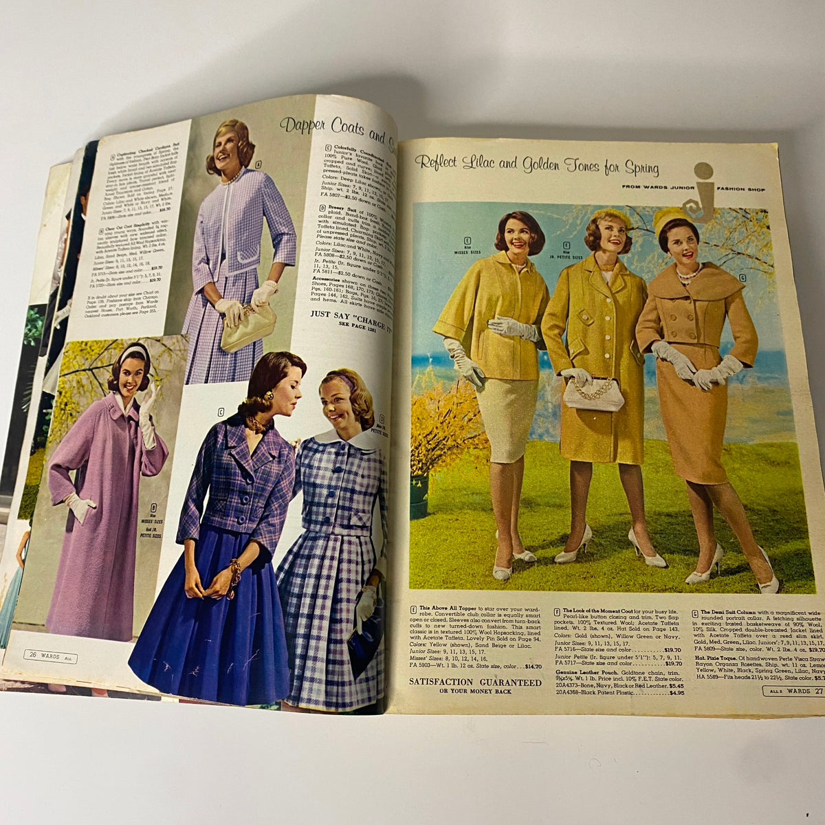 1961 Montgomery Ward Spring and Summer Catalog interior pages showcasing stylish women's spring coats and dresses in vibrant colors and elegant designs.