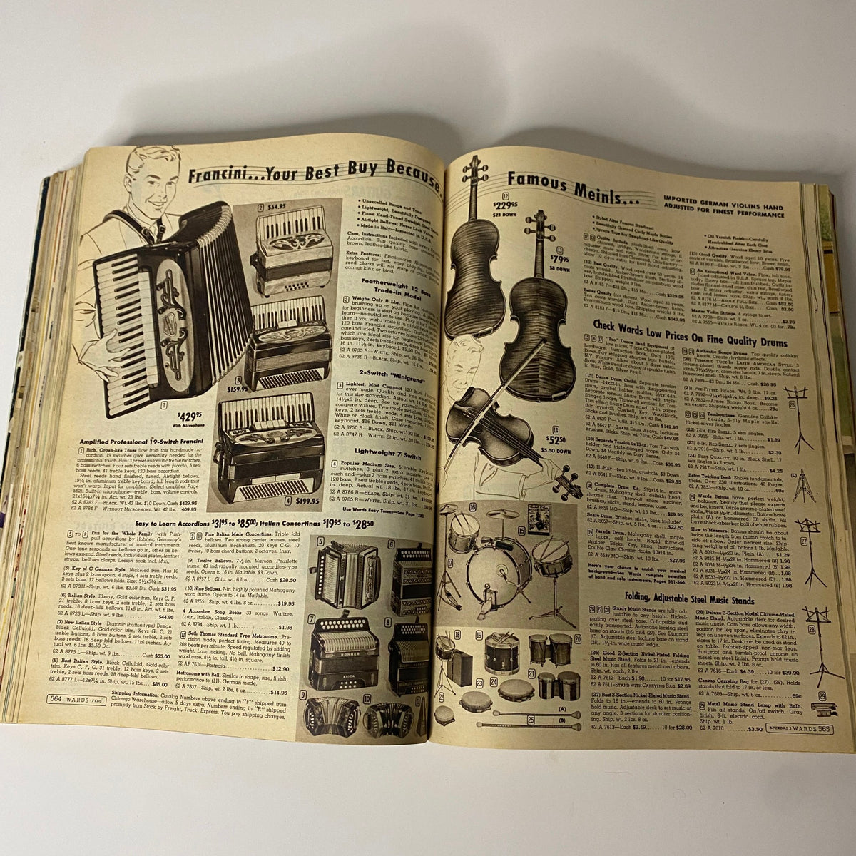 1961 Montgomery Ward Spring and Summer Catalog showcasing a range of musical instruments and accessories, highlighting the musical culture of the 1960s.