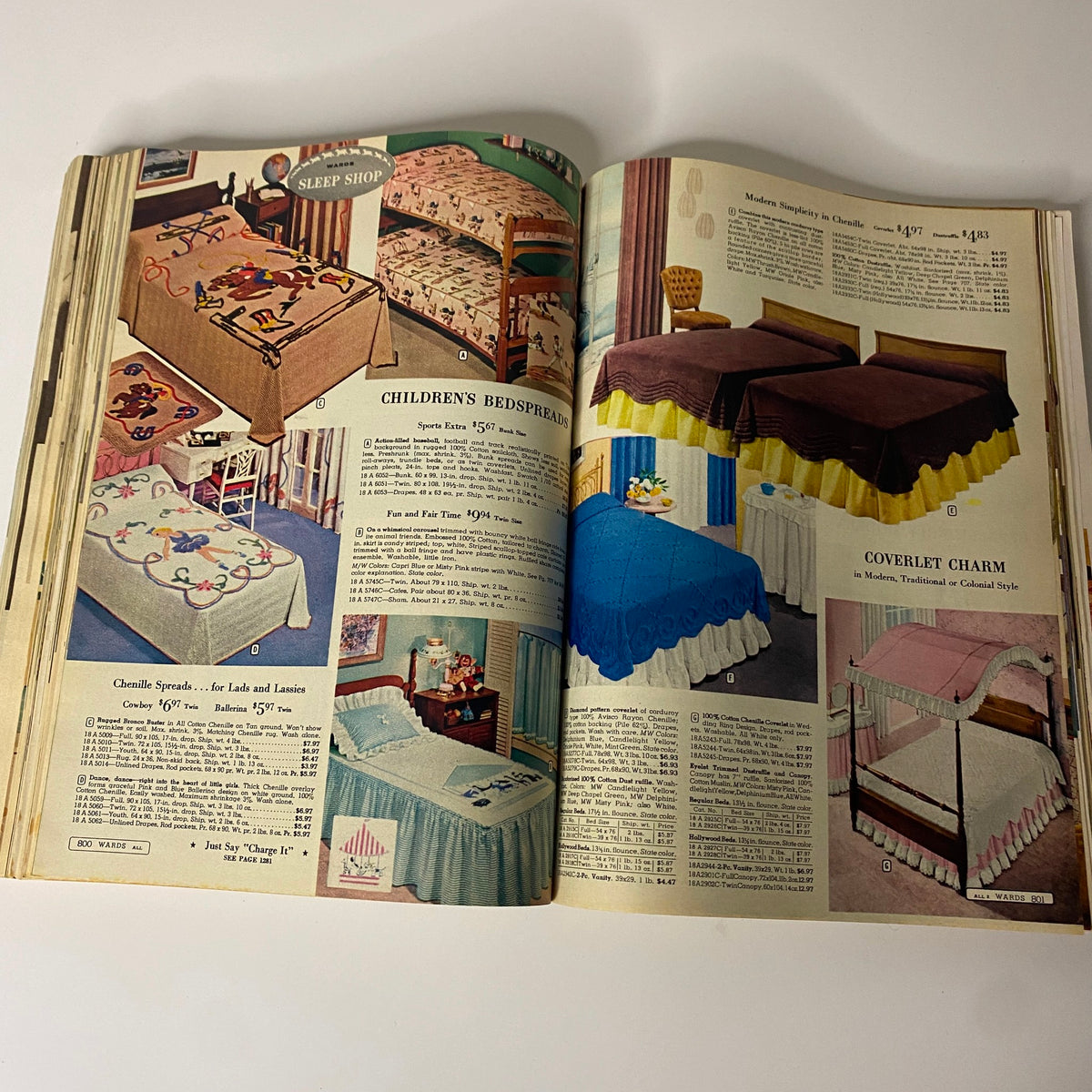 Page from 1961 Montgomery Ward Spring and Summer Catalog featuring colorful children's bedspreads and modern coverlets, reflecting vintage home decor trends.