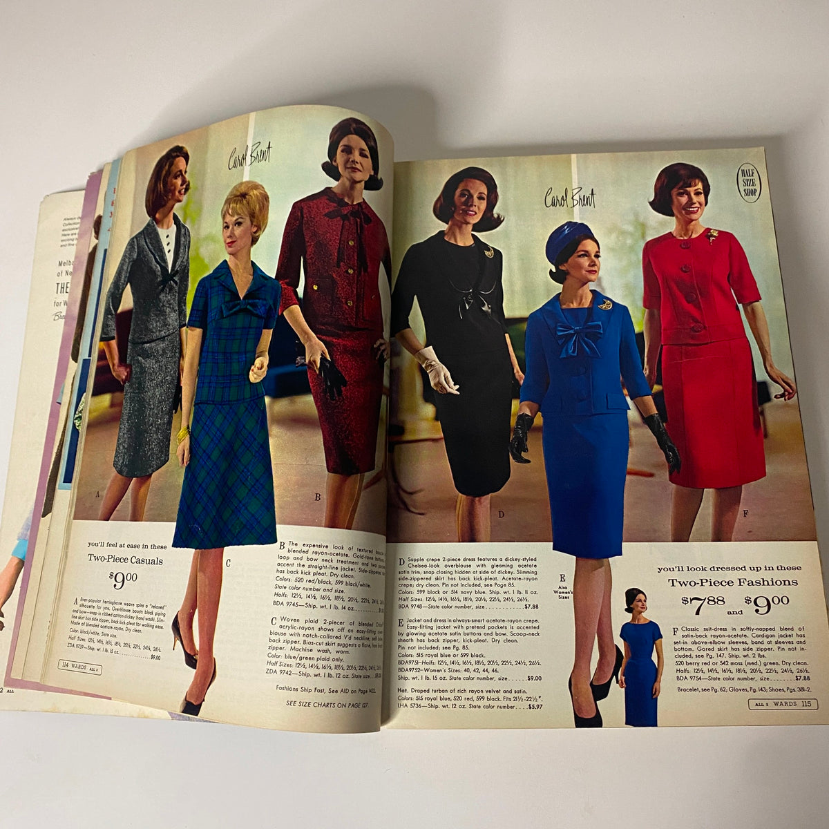 1965 Montgomery Ward Fall and Winter Catalog showcasing elegant two-piece fashion sets worn by women, featuring stylish designs in various colors and patterns characteristic of the 1960s.