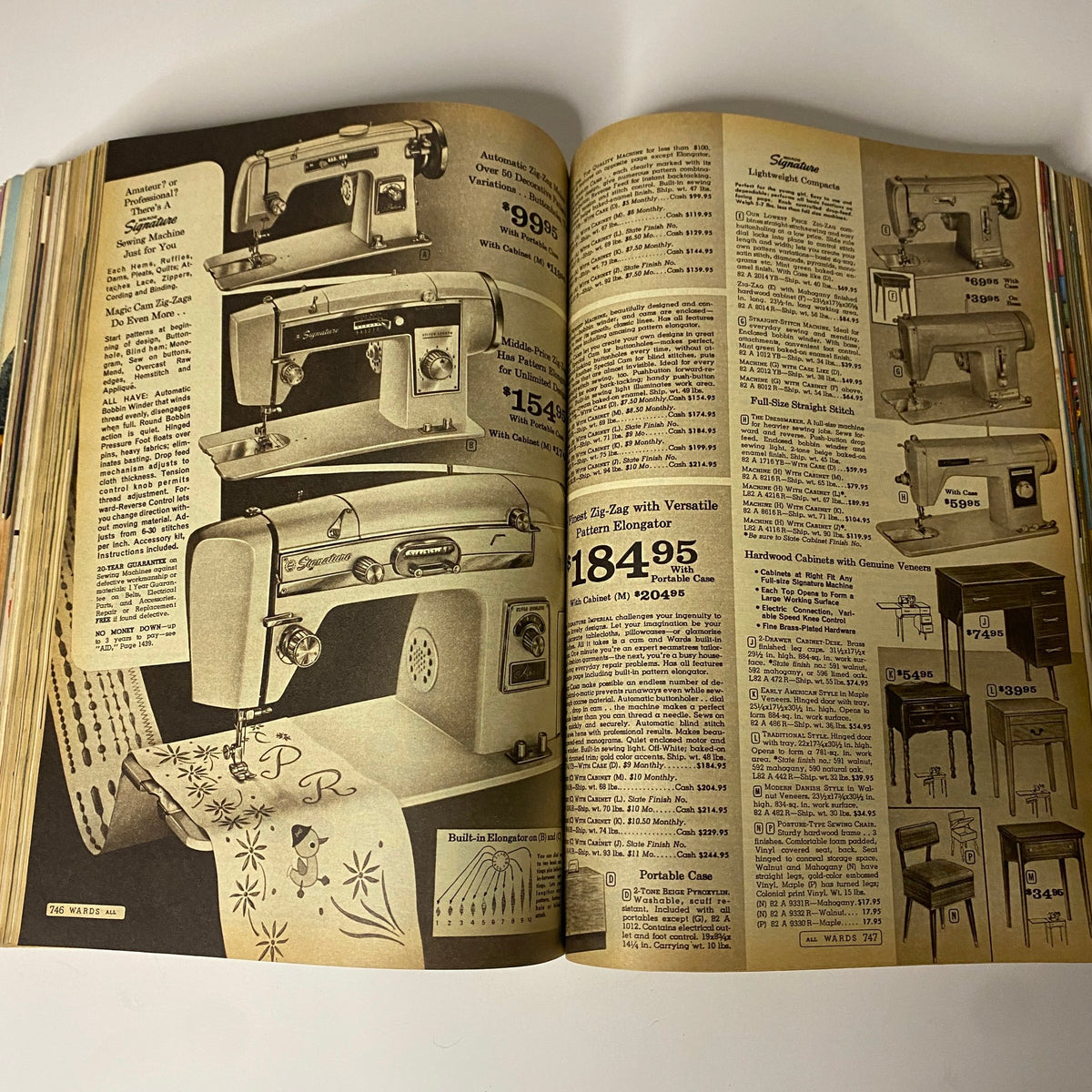 Vintage sewing machines highlighted on a magazine page from the 1965 Montgomery Ward Fall and Winter Catalog, detailing features and prices.