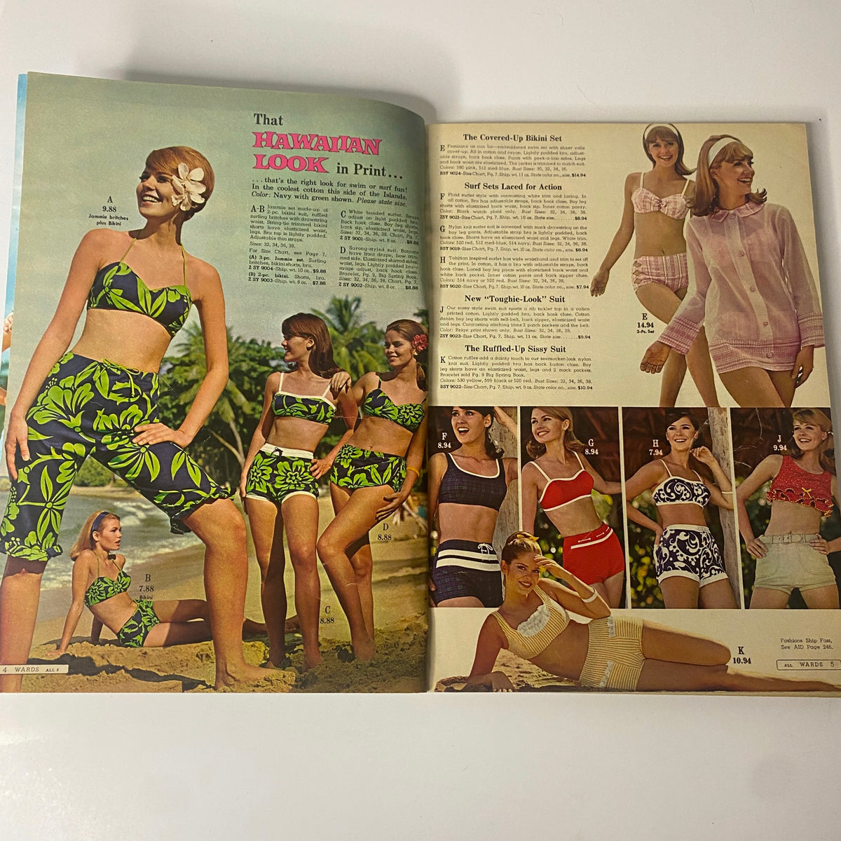 1966 Montgomery Ward Summer Catalog featuring vibrant swimwear styles, including Hawaiian print bikinis and sporty swim sets on models by the beach.