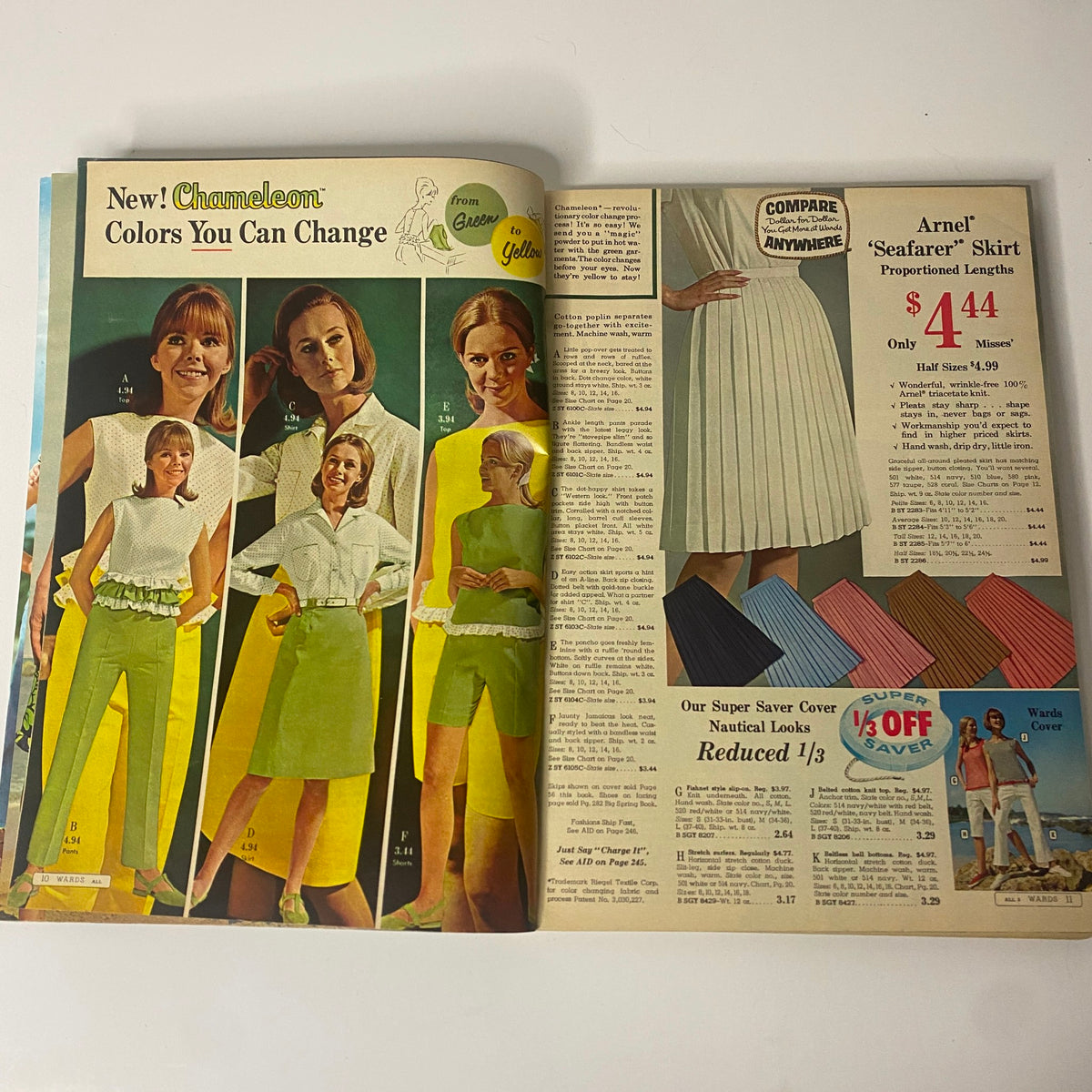 1966 Montgomery Ward Summer Catalog showcasing color-changing garments, including stylish outfits in various shades like green and yellow worn by models.