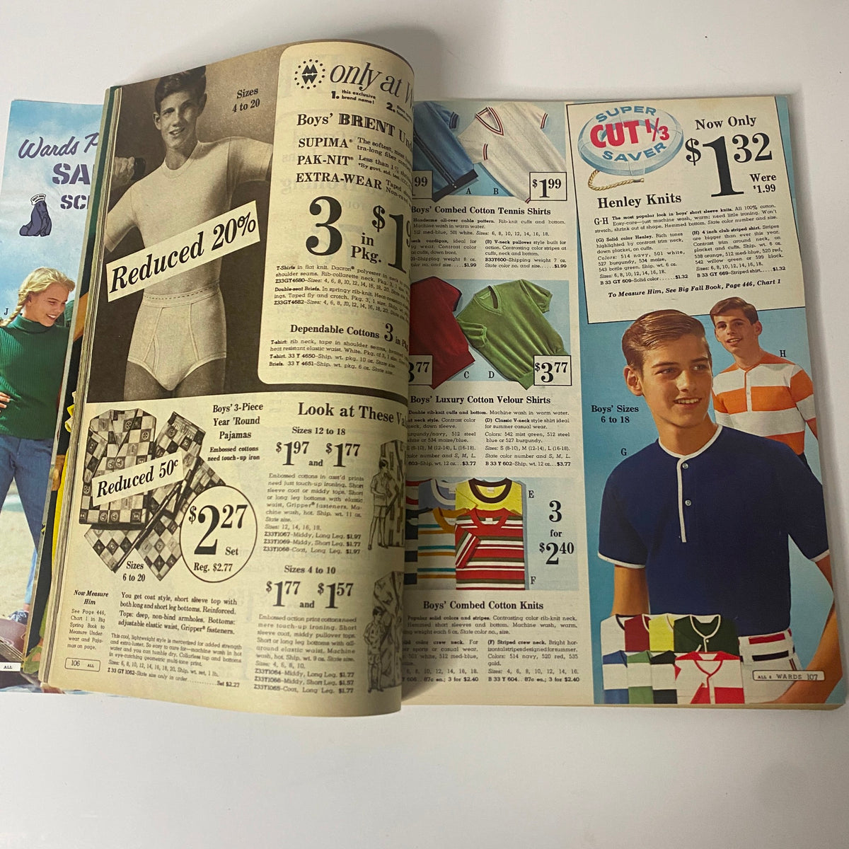 1966 Montgomery Ward Summer Catalog page with a focus on boys' clothing, featuring stylish t-shirts, pajamas, and clothing for boys, highlighting summer fashion trends.