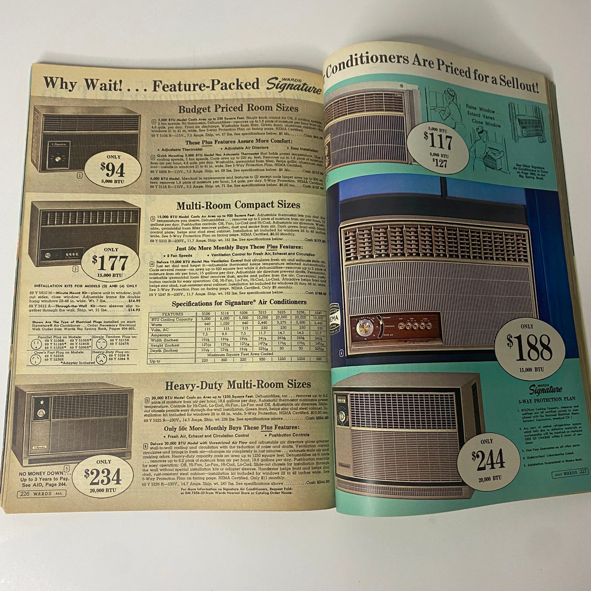 1966 Montgomery Ward Summer Catalog displaying air conditioning units with detailed pricing and specifications, showcasing a variety of models for home cooling solutions.