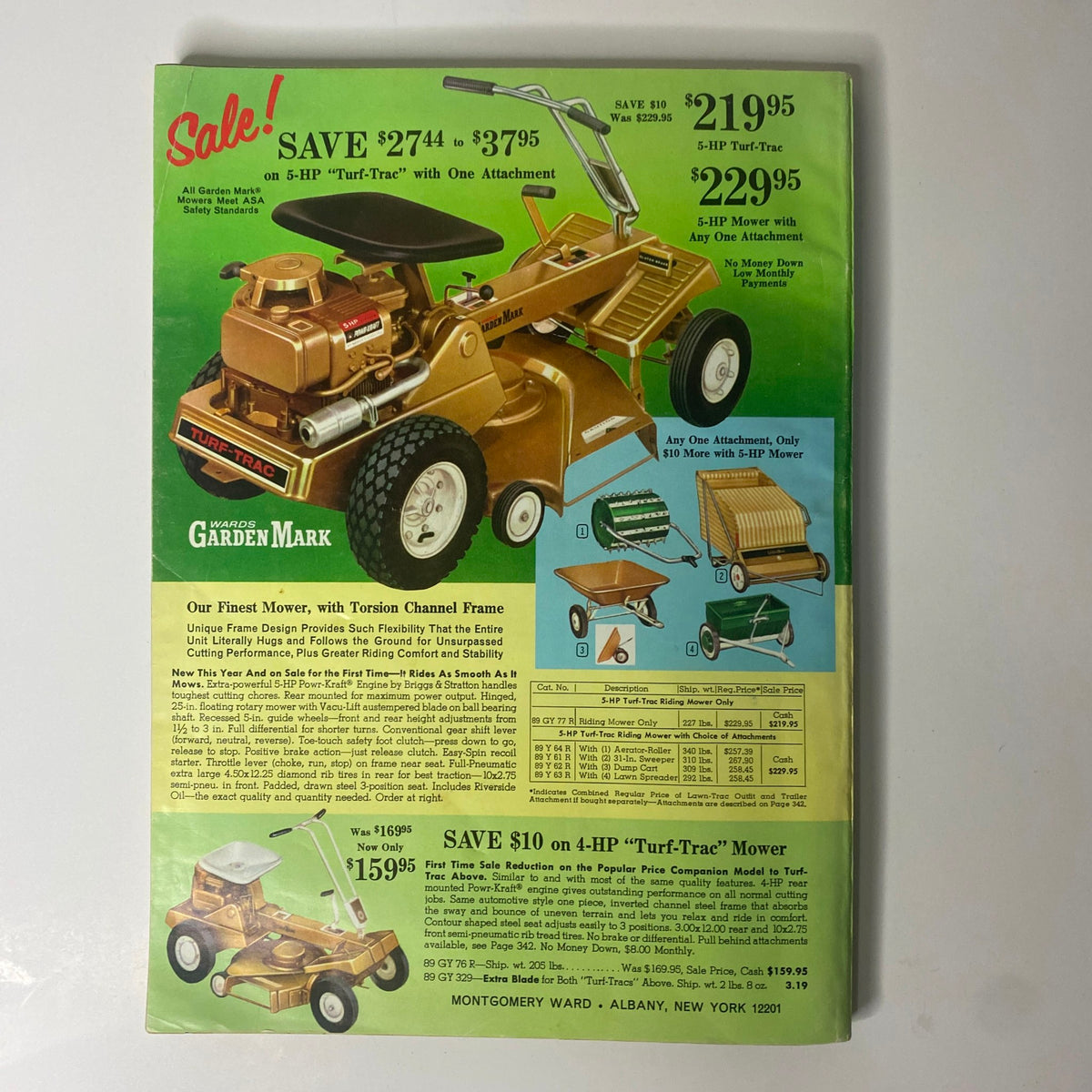 1966 Montgomery Ward Summer Catalog back cover presenting garden equipment including a Turf-Trac riding mower with pricing details and product features.