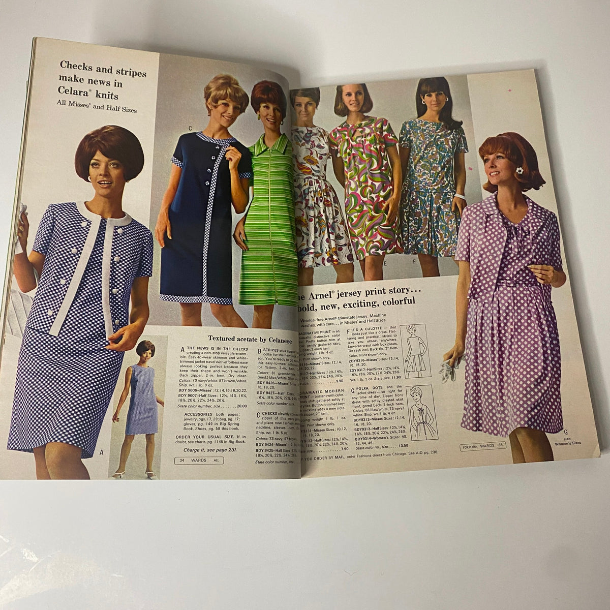 1968 Montgomery Ward Summer Catalog featuring models in colorful dresses, highlighting retro patterns and elegant styles typical of the 1960s fashion trends.