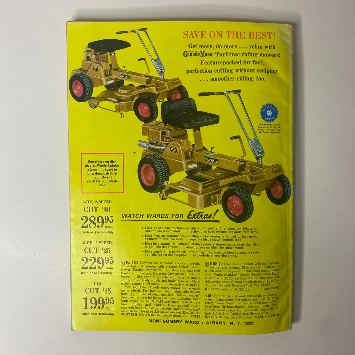 Cover page of the 1968 Montgomery Ward Summer Catalog advertising GardenMark riding mowers, showcasing vintage outdoor equipment and designs.