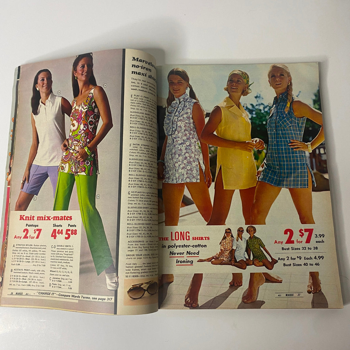 1970 Montgomery Ward Summer Catalog page featuring women in colorful summer outfits, highlighting floral and patterned dresses perfect for the warm season.