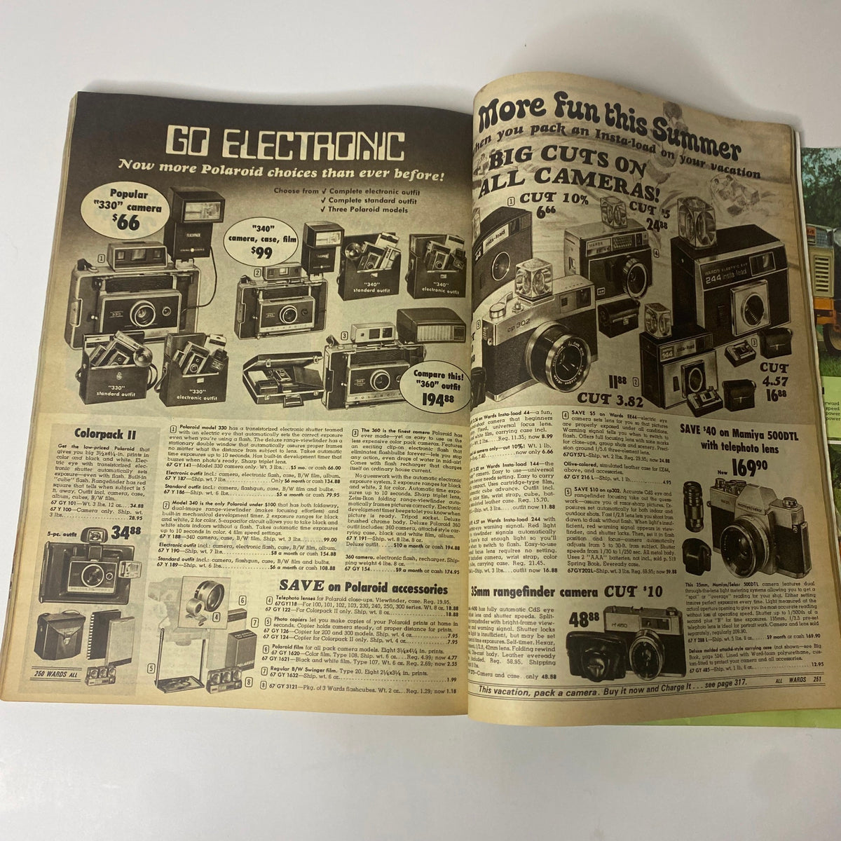 1970 Montgomery Ward Summer Catalog page featuring advertisements for Polaroid cameras, demonstrating the early '70s trend in photography equipment.