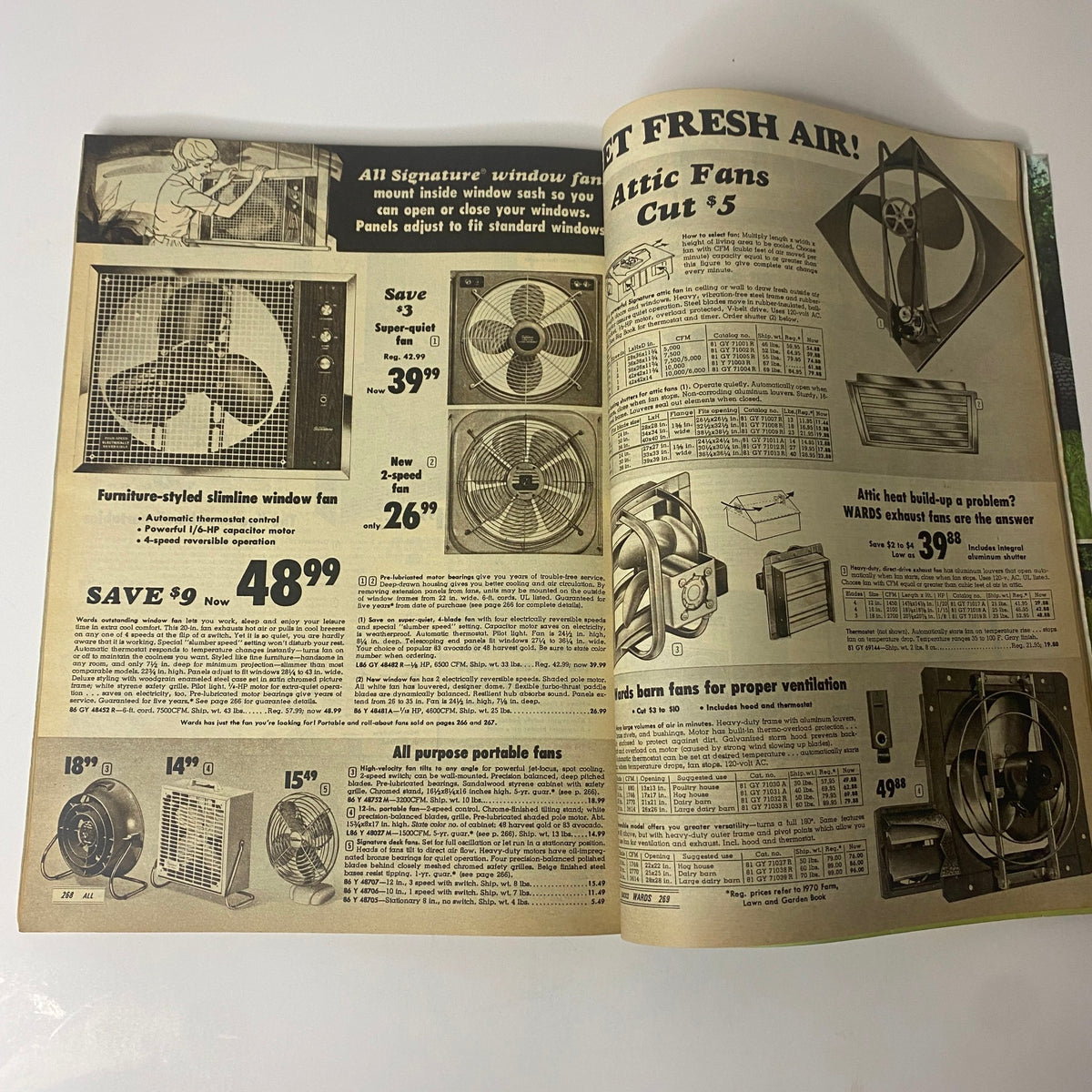 1970 Montgomery Ward Summer Catalog page advertising various types of fans, promoting summer cooling solutions for homes and outdoor spaces.