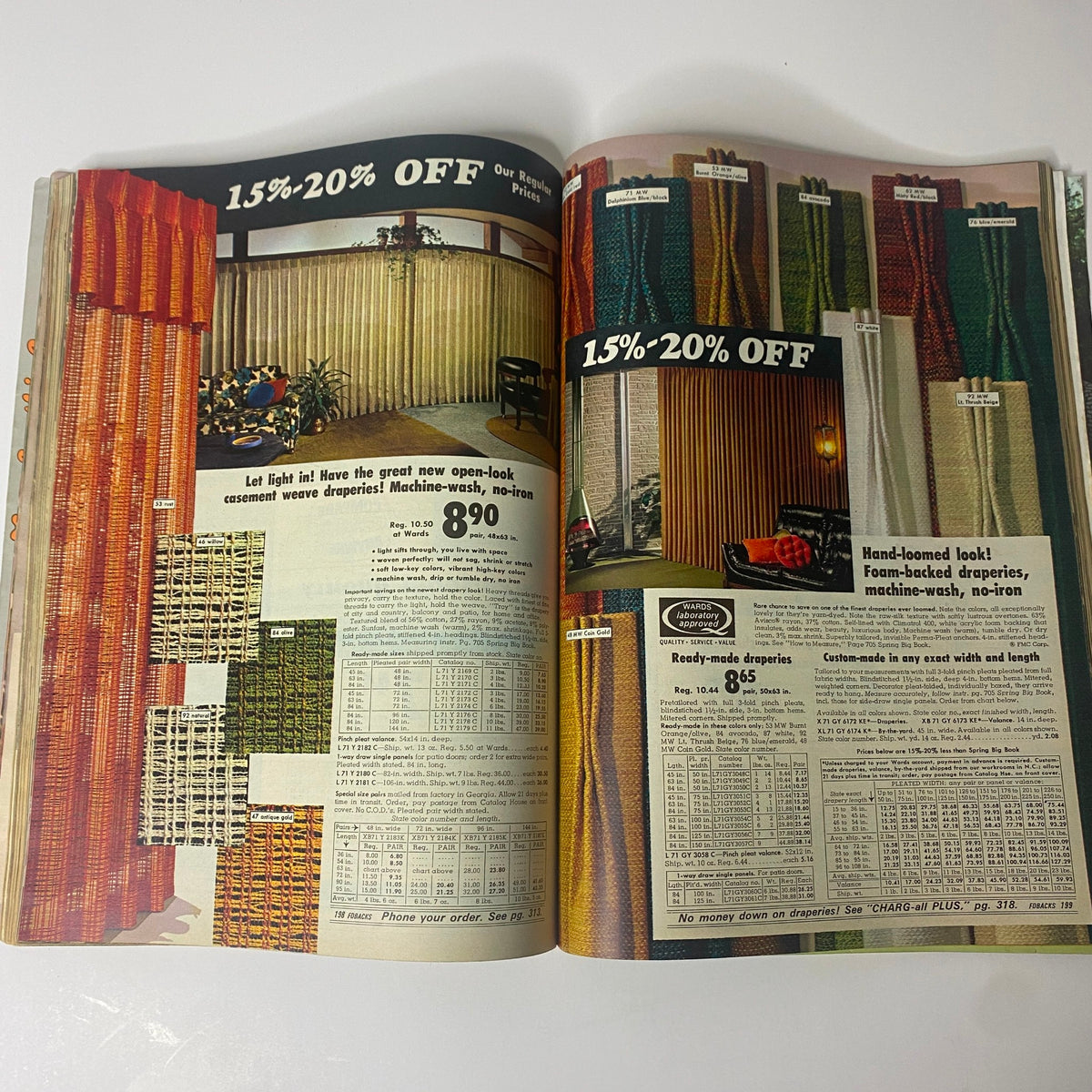 Interior page from the 1970 Montgomery Ward Summer Catalog displaying drapery options with discounts and pricing, emphasizing machine-washable and no-iron styles.