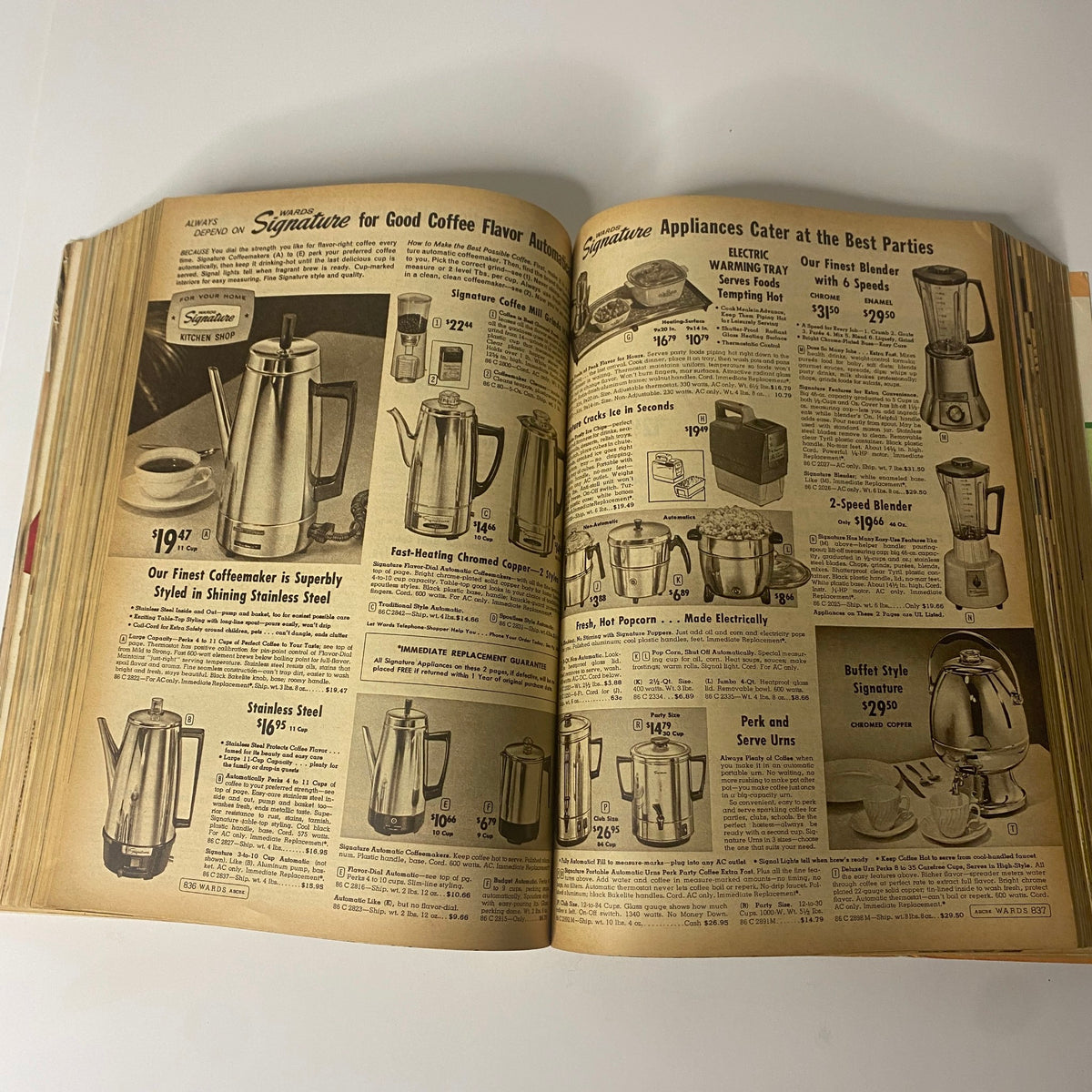 1963 Montgomery Ward Fall and Winter Catalog featuring kitchen appliances and coffee makers, emphasizing their elegant designs and prices.