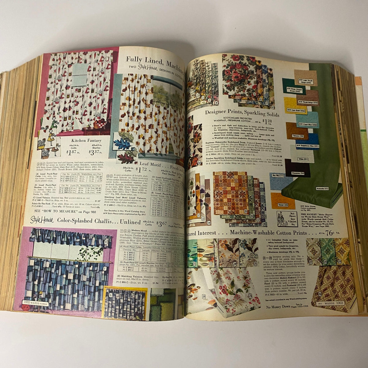 1963 Montgomery Ward Fall and Winter Catalog displaying a variety of fabric patterns and designs for home decor.
