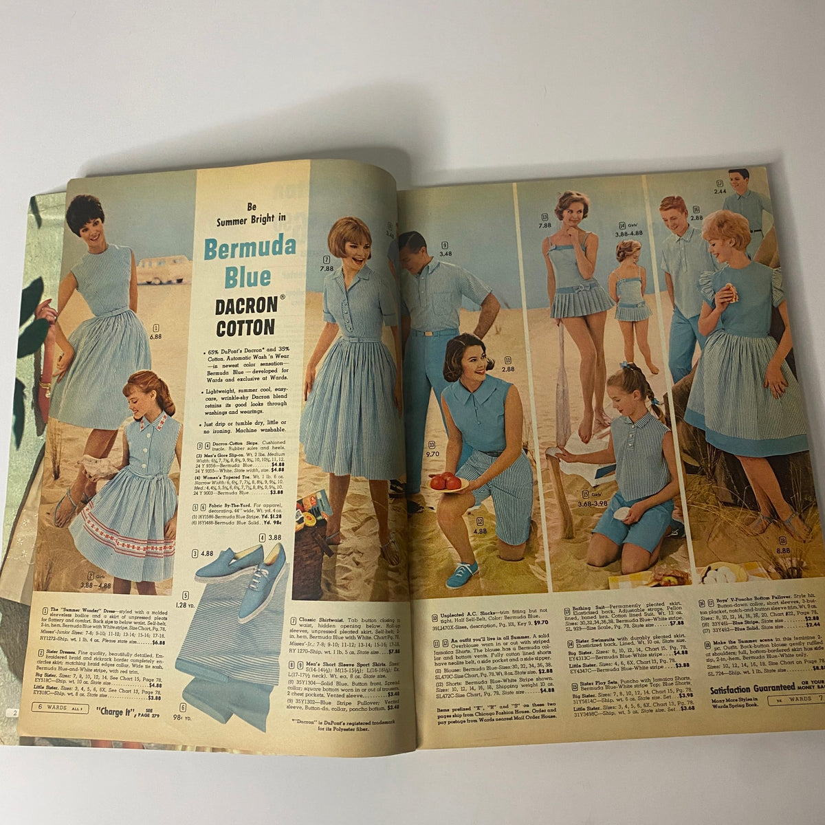 Interior page of the 1962 Montgomery Ward Summer Catalog featuring models in Bermuda blue cotton dresses, illustrating summer fashion trends of the 1960s.