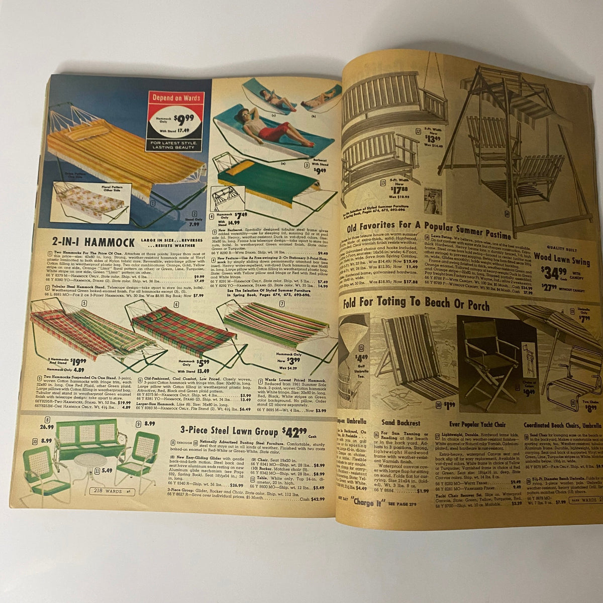 Interior page of the 1962 Montgomery Ward Summer Catalog showcasing hammocks, lawn furniture, and summer outdoor products.