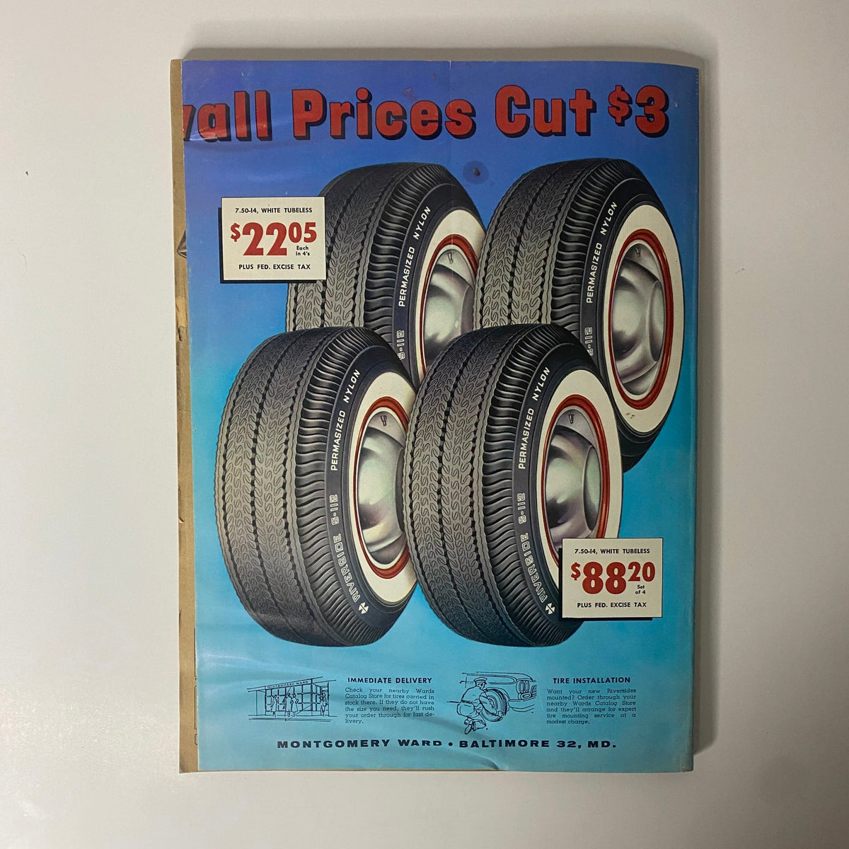 Cover page of the 1962 Montgomery Ward Summer Catalog highlighting a selection of tires with promotional pricing.
