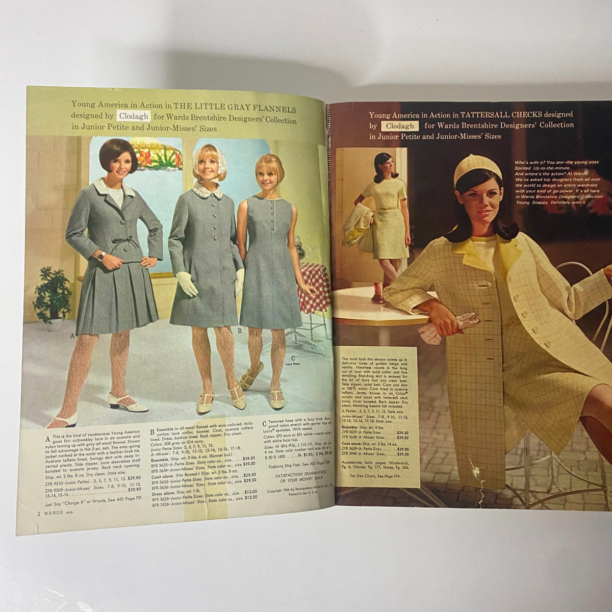 Inside pages of the 1966 Montgomery Ward Spring and Summer Catalog displaying models in outfits from the Young America in Action collection, designed by Clodagh, featuring gray flannel and Tattersall check styles.