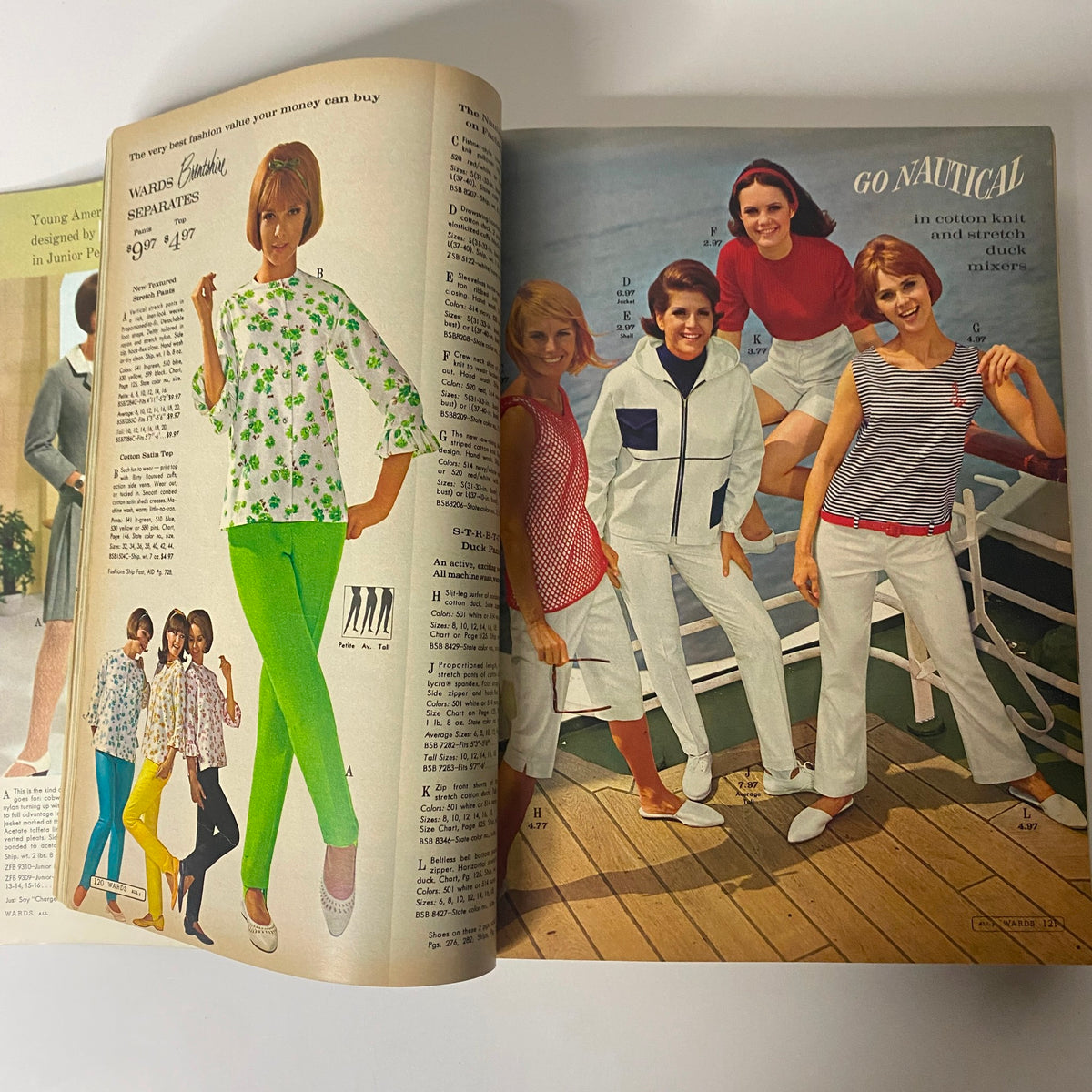 Interior pages of the 1966 Montgomery Ward Spring and Summer Catalog featuring young models dressed in nautical-themed outfits, highlighting the vibrant fashion styles of the 1960s.