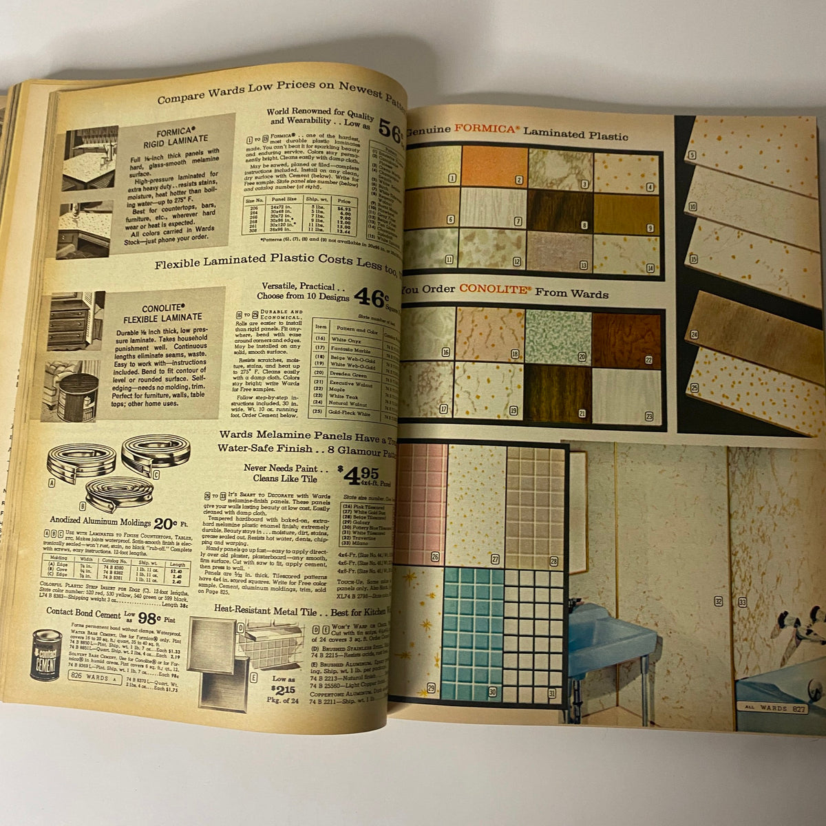 Preview of laminate products from the 1966 Montgomery Ward Spring and Summer Catalog featuring various styles and prices for Formica and Conolite laminated plastics.
