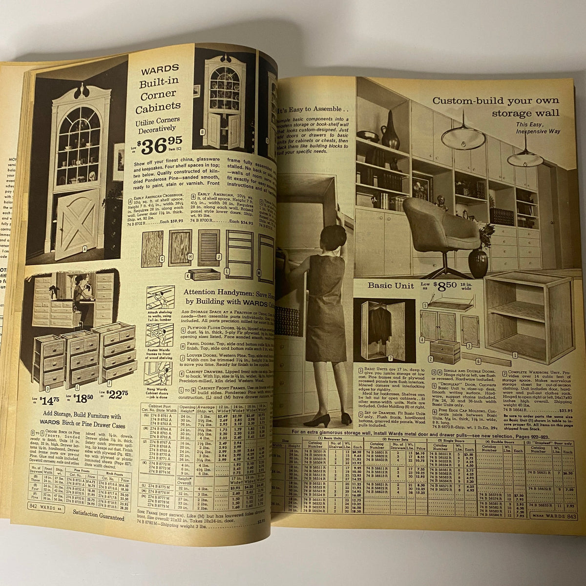 Detailed description of Wards built-in corner cabinets and furniture from the 1966 Montgomery Ward Spring and Summer Catalog, showcasing assembly options and pricing.
