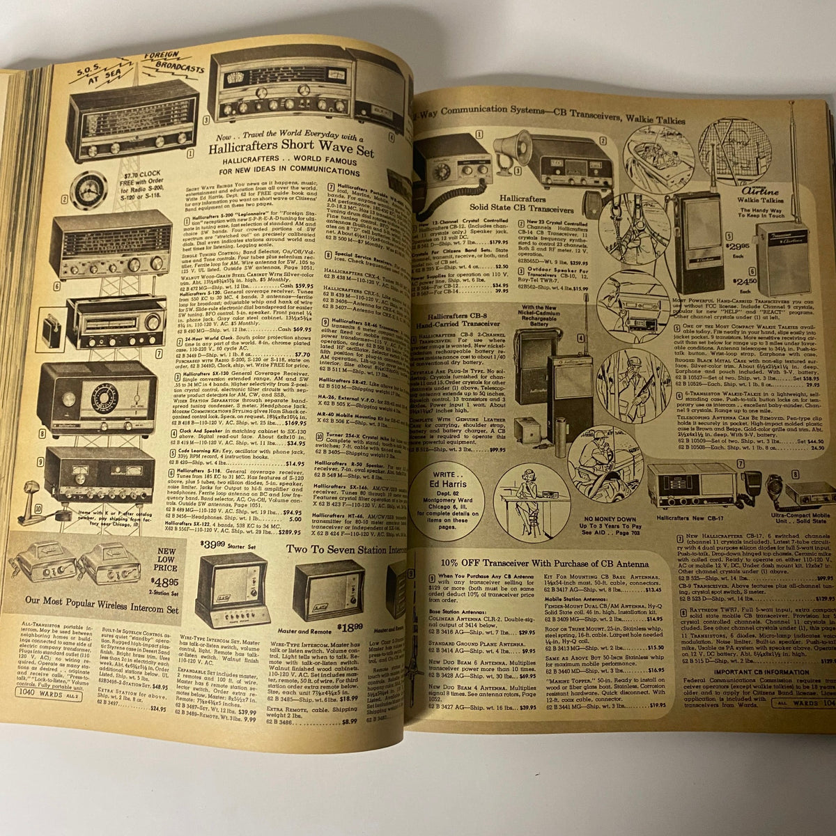 Selection of Hallicrafters short wave communication systems listed in the 1966 Montgomery Ward Spring and Summer Catalog, including various radio models and prices.